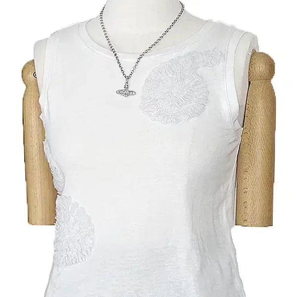 [BUNJANG] Com Cism Sheer Frill Shirring Chiffon Tank Top White Vintage Mori Girl Y2K / 일본빈티지 꼼사이즘 망사프릴패치셔링쉬폰나시티화이트모리걸갸루y2k히피에스닉