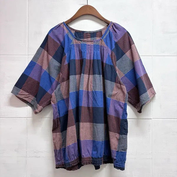 [BUNJANG] Blue Check Square Neck Mori Girl Blouse LL / 블루 체크 스퀘어넥 모리걸 블라우스 LL JPN