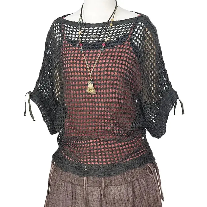 [BUNJANG] Japanese Vintage Sheer Mesh Sleeve Shirring Ribbon Oversized Knit Top Dark Khaki / 일본빈티지 그물시스루 소매셔링리본오버니트티다크카키모리걸갸루y2k히피에스닉