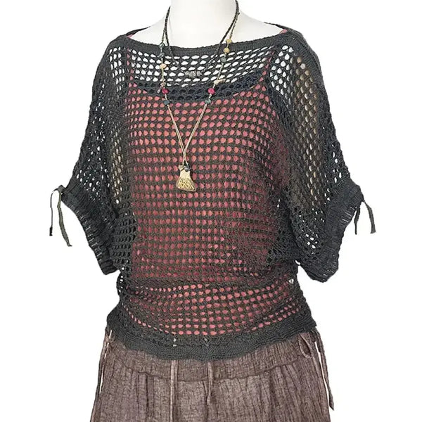 [BUNJANG] Japanese Vintage Sheer Mesh Sleeve Shirring Ribbon Oversized Knit Top Dark Khaki / 일본빈티지 그물시스루 소매셔링리본오버니트티다크카키모리걸갸루y2k히피에스닉
