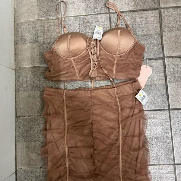[BUNJANG] Chiffon Bustier Bra Set - Brown / 쉬폰 뷔스티에 브라 세트 브라운