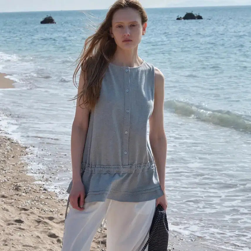 [BUNJANG] Rave Waist String Sleeveless Layered Top Grey / 새상품) 레이브 웨이스트 스트링 슬리브리스 레이어드 탑 그레이