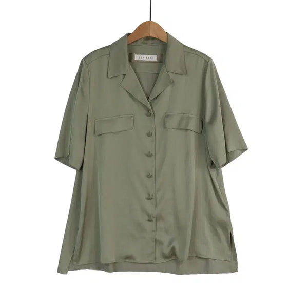 [BUNJANG] S.LRIAHH Khaki Open Collar Short Sleeve Blouse (Size 77) / S.LRIAHH 카키 오픈카라 반팔 블라우스 77 루즈핏 셔츠