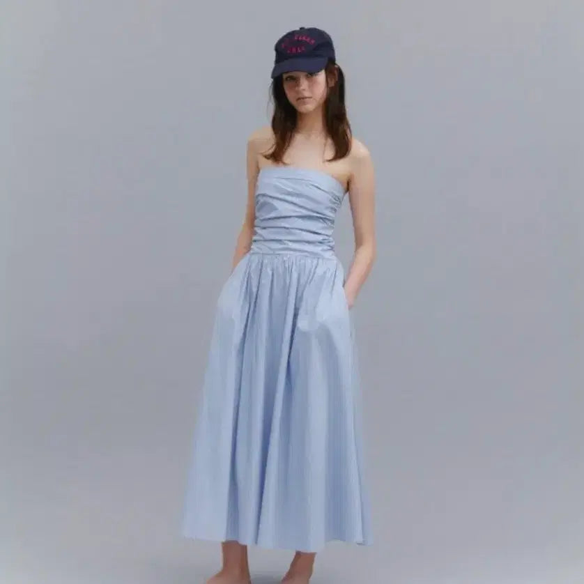 [BUNJANG] Forest Blue Striped Tube Top Off-Shoulder Dress / 포레스트 튜브탑 오프숄터 원피스