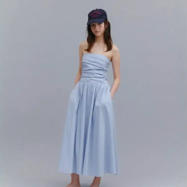 [BUNJANG] Forest Blue Striped Tube Top Off-Shoulder Dress / 포레스트 튜브탑 오프숄터 원피스