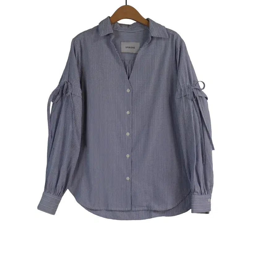 [BUNJANG] SPERONE Striped Blouse Blue Ribbon Sleeve Shirt / SPERONE 스트라이프 블라우스 프리 블루 리본소매 셔츠
