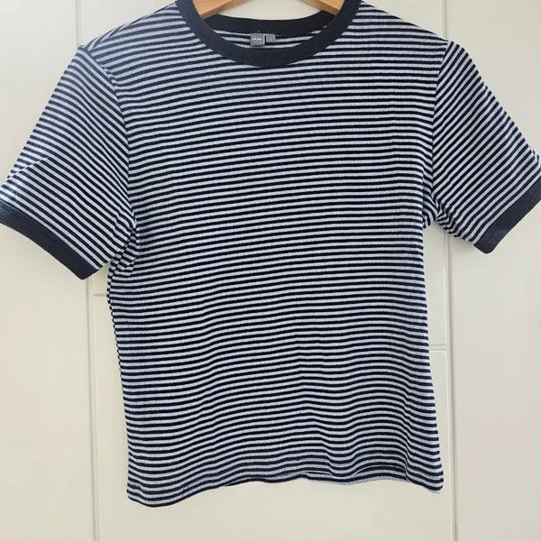 [BUNJANG] Jaju Blue Stripe Cropped T-Shirt / 자주 jaju 크롭 블루 스트라이프 반팔티셔츠