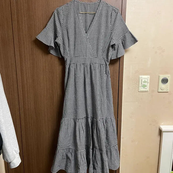 [BUNJANG] Checkered Ruffle Long Dress Short Sleeve / 체크무늬 프릴 롱 원피스 여름 원피스 반팔 원피스 체크 원피스