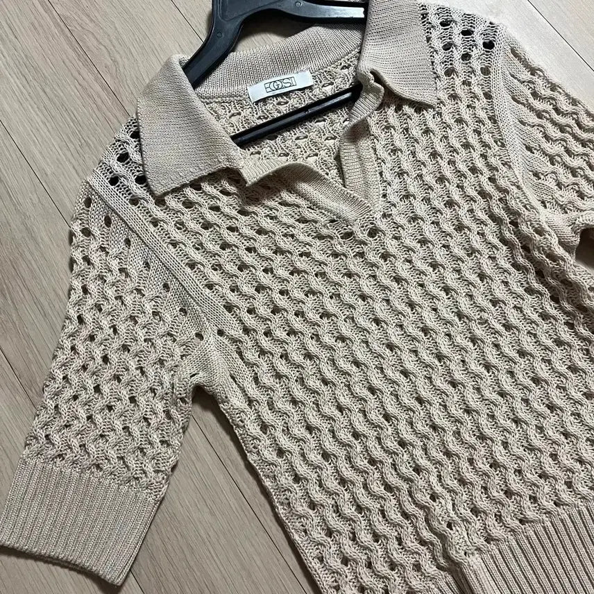 [BUNJANG] EGOIST Open Collar Perforated Knit Short Sleeve T-shirt / 에고이스트 EGOIST 오픈 카라 펀칭 니트 반팔티 여름 크로셰 스카시