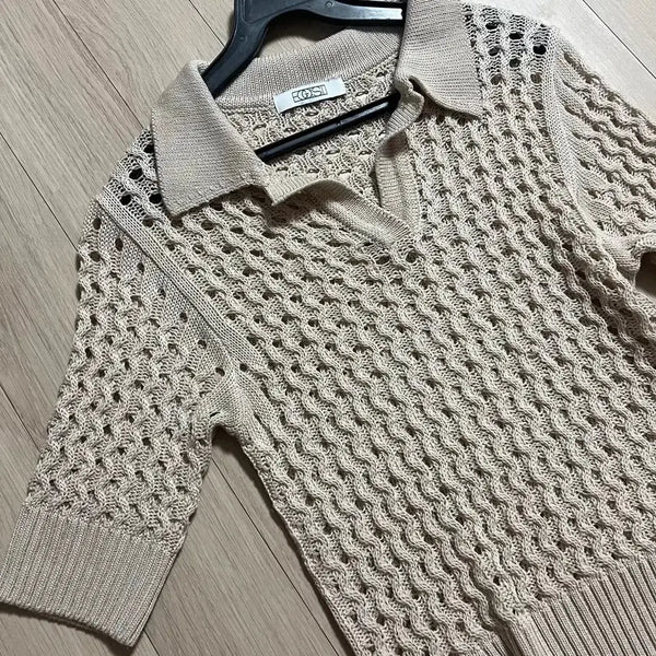 [BUNJANG] EGOIST Open Collar Perforated Knit Short Sleeve T-shirt / 에고이스트 EGOIST 오픈 카라 펀칭 니트 반팔티 여름 크로셰 스카시