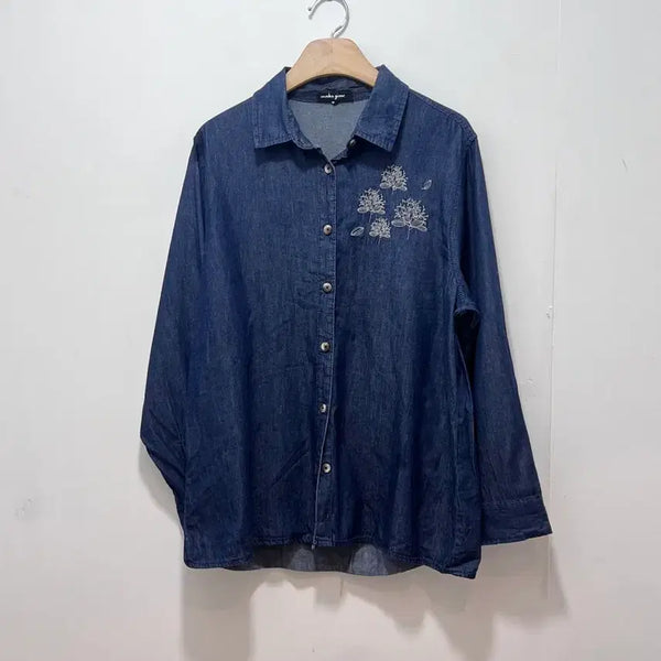 [BUNJANG] Floral Embroidered Denim Shirt - Women's L / Japan brand 일본 브랜드 플로럴 자수 포인트 데님 셔츠 (여성L