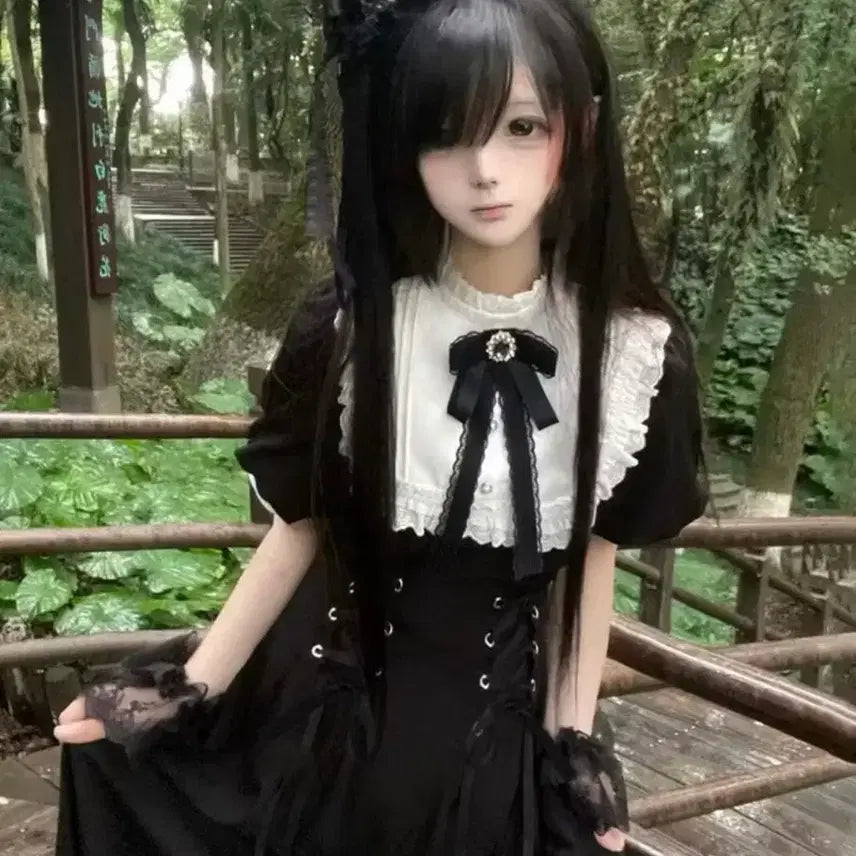 [BUNJANG] Gothic Lolita Long Black Silk Lace Dress / 지뢰계 원피스 고스 로리타 롱블랙 실크 레이스 단아st