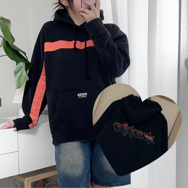 [BUNJANG] Adidas Big Logo Color Block Hoodie Black Orange / 아디다스 블랙 오렌지 배색 빅로고 후드티 [ L ]