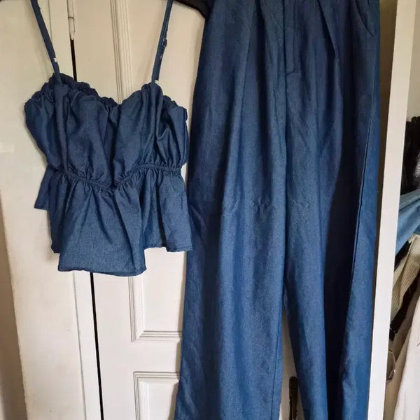 [BUNJANG] Denim Bustier and Wide Pants Set / 데님 뷔스티에 와이드 팬츠 세트