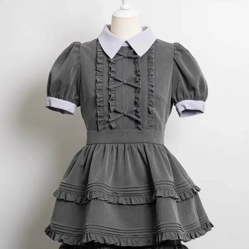 [BUNJANG] Pium Frill Ribbon Puff Sleeve Set-up Charcoal / pium 피움 프릴 리본 퍼프 슬리브 셋업 차콜 스나계 걸리 양산형지뢰계