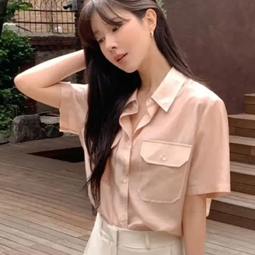 [BUNJANG] Pureda Mobel Tencel Pocket Short Sleeve Blouse Rose Pink / 퓨어다 모벨 시어 텐셀 포켓 반팔 블라우스 로지핑크