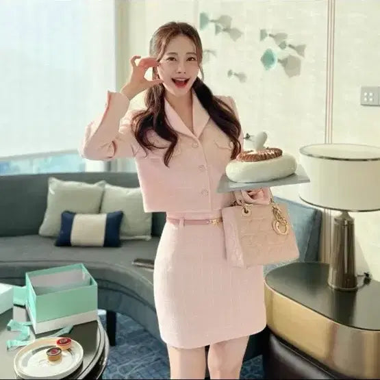 [BUNJANG] LOAR Pink Tweed Set-up (Size S) / 로아르 핑크 트위드 셋업 s