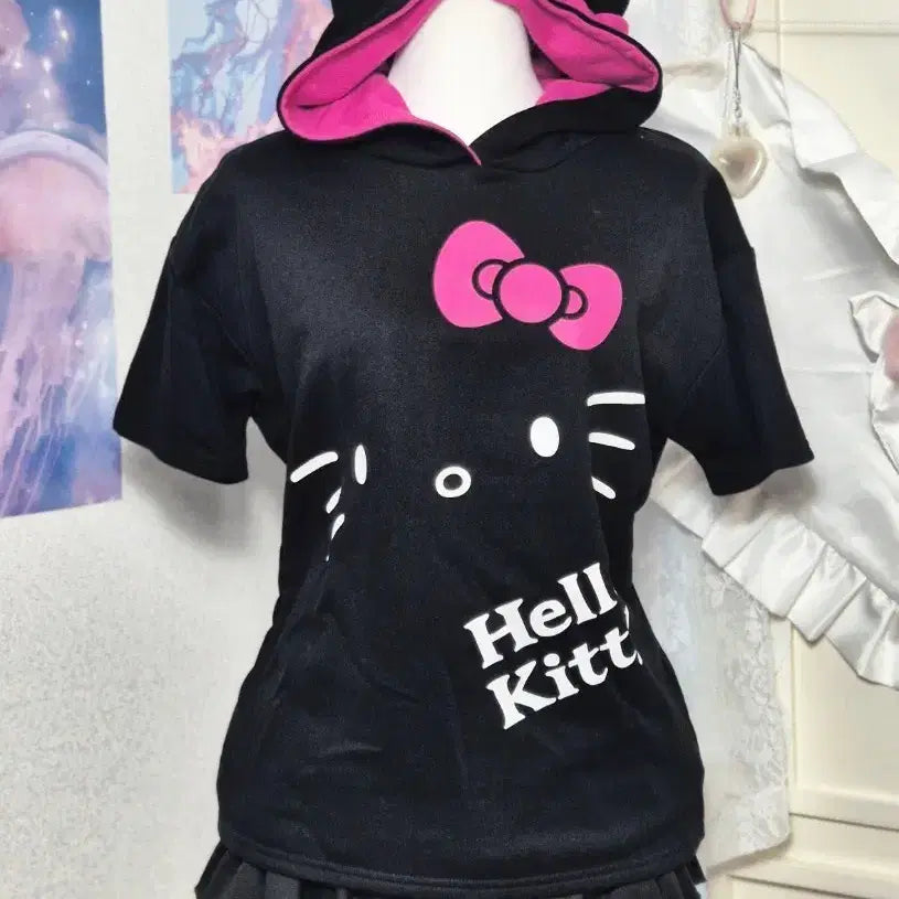 [BUNJANG] Hello Kitty Short Sleeve Hoodie - Black/Pink / 헬로키티 반팔 후드티 네코미미 블랙 핑크 오네갸루 히메갸루