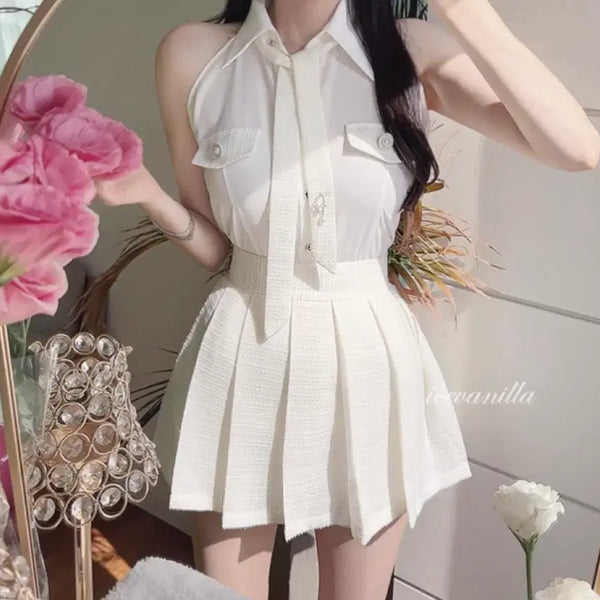[BUNJANG] Ice Vanilla Uni Halterneck Blouse and Tweed Skirt Set / [SET]아이스바닐라 유니 홀터넥 블라우스 트위드 스커트 세트 수입의류