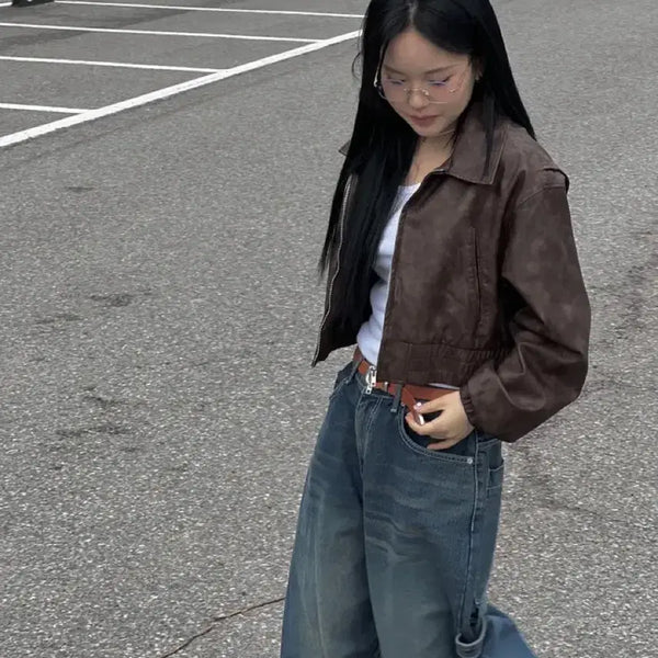 [BUNJANG] Vintage Washed Leather Cropped Blouson Jacket Brown / 빈티지 블루종 레더자켓 브라운