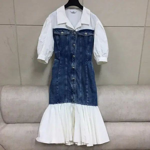 [BUNJANG] 23FW Thehandsome Objet Denim Frill Shirt Long Dress / 23년/(구매가89만)한섬 오브제 정품 데님 배색 프릴 셔츠 롱원피스