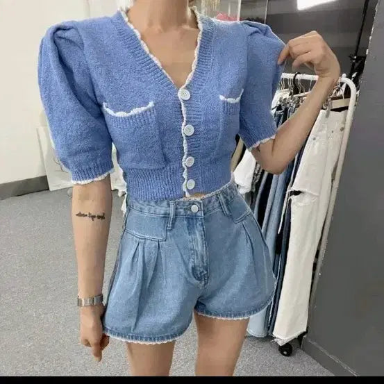 [BUNJANG] Shoulder Pad Puff Cardigan - Blue / 새상품) 어깨패드 퍼프 가디건 블루
