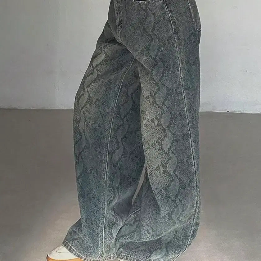[BUNJANG] Shein Pattern Wide Denim Pants / 쉬인 패턴 와이드 데님 팬츠