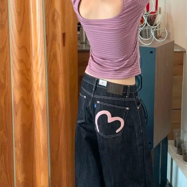 [BUNJANG] OOTJ Pink Heart Stitch Non-Fade Raw Denim Wide Jeans / OOTJ 하트스티치 논페이드 생지 데님 와이드진 청바지 핑크
