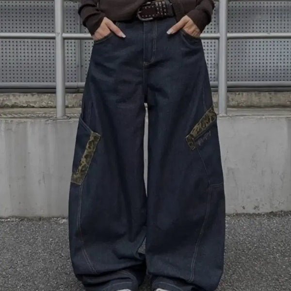 [BUNJANG] Leopard Print Pocket Wide Fit Jeans / 레오파드 포인트 갸루 포켓 빈티지 y2k 진청 와이드핏