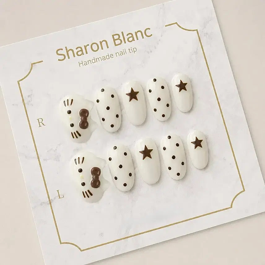 [BUNJANG] Brown Kitty Dot Nail Tips (15 Shapes) / 브라운 가로키티 도트 네일팁 / 15종 쉐입