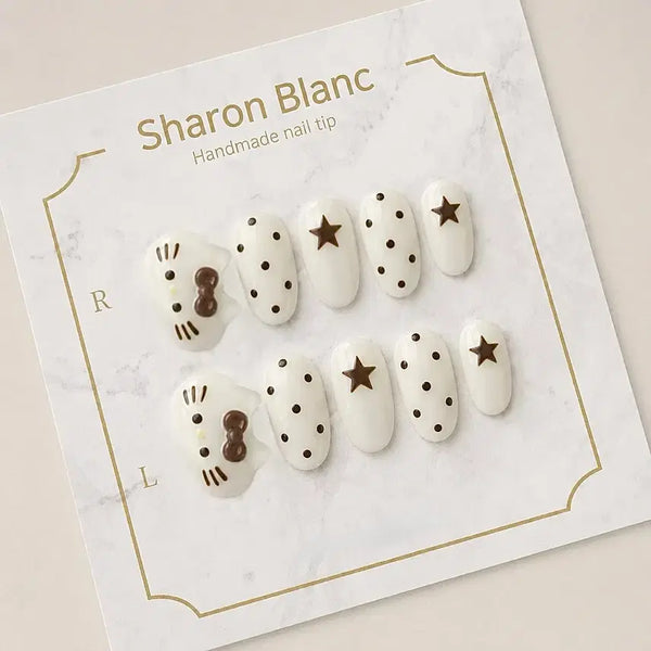 [BUNJANG] Brown Kitty Dot Nail Tips (15 Shapes) / 브라운 가로키티 도트 네일팁 / 15종 쉐입