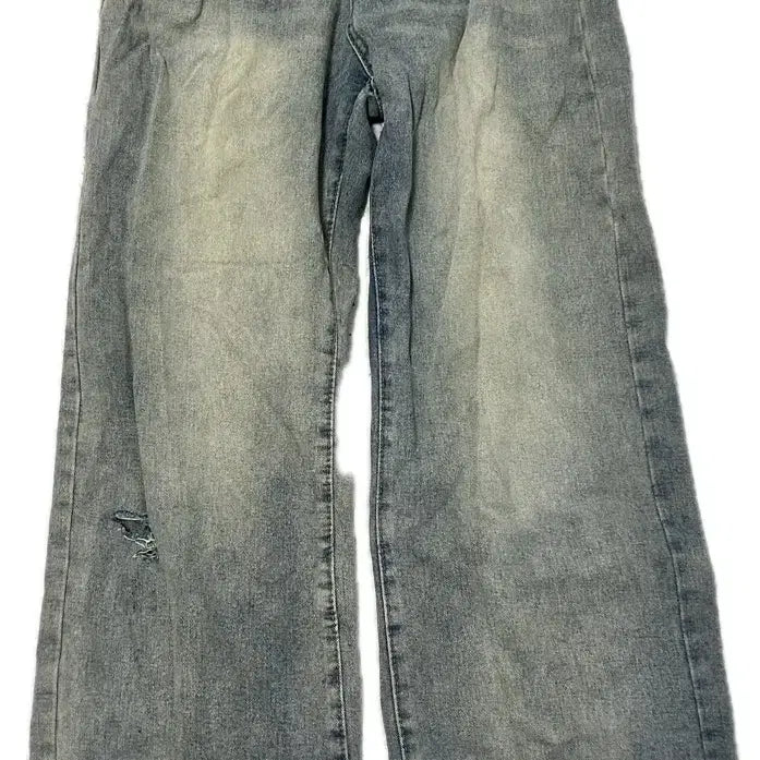 [BUNJANG] Washed Distressed Wide Denim Pants / 와이드 데님 팬츠 연청 빈티지 찢청