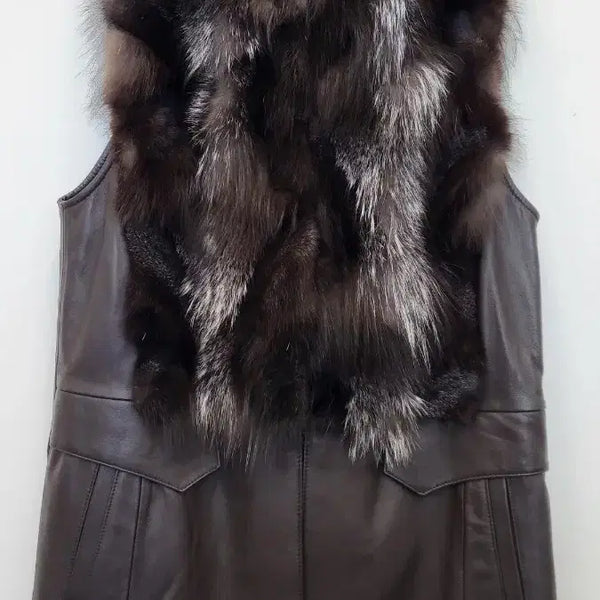[BUNJANG] Brown Genuine Leather & Fox Fur Vest / 고급  양가죽 폭스퍼 베스트 55