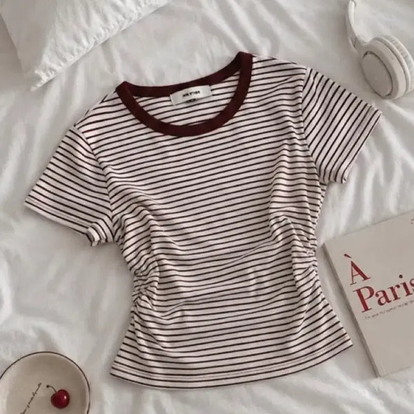 [BUNJANG] Stripe Round Neck Short Sleeve T-Shirt / 스트라이프 단가 라운드넥 반팔티
