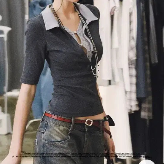 [BUNJANG] Bulletnini Contrast Collar Button Slim T-Shirt / bulletnini Contrast Collar Button Slim T