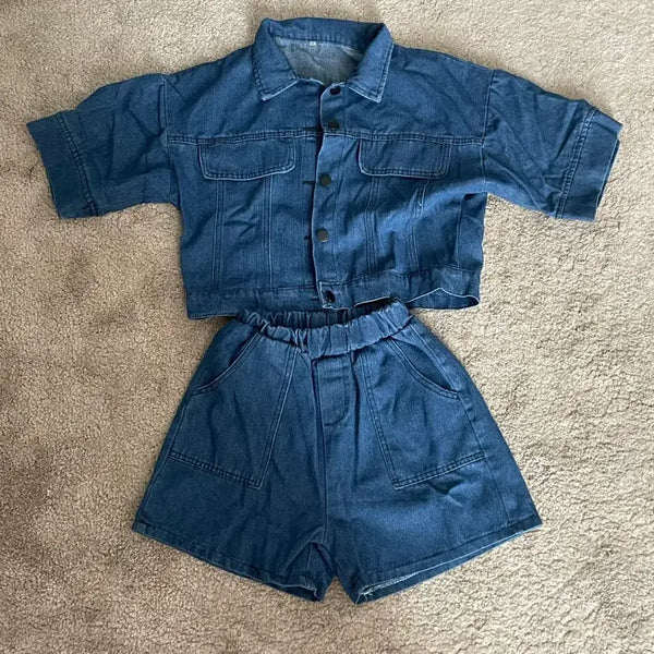 [BUNJANG] 100% Cotton Denim Setup Shirt and Shorts Set / 순면 데님셋업 셔츠 반바지 세트 s (새상품)