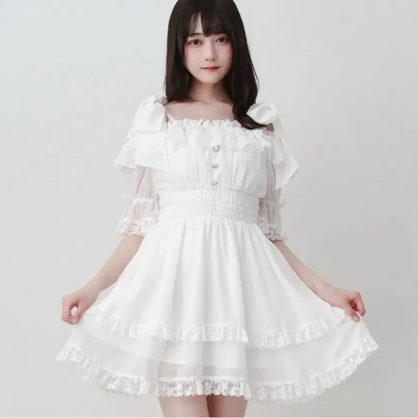 [BUNJANG] Dear My Love Ribbon Off-Shoulder Frill Chiffon Short-Sleeve Dress / 디어마이러브 디마럽 리본 오프숄더 프릴 쉬폰 반팔 원피스 양산형 지뢰계