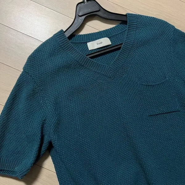 [BUNJANG] Dunst Linen V-Neck Summer Knit T-Shirt (Sea Green) / 던스트 dunst 린넨 브이넥 여름 니트 씨그린 청록색 5부 반팔 티셔츠