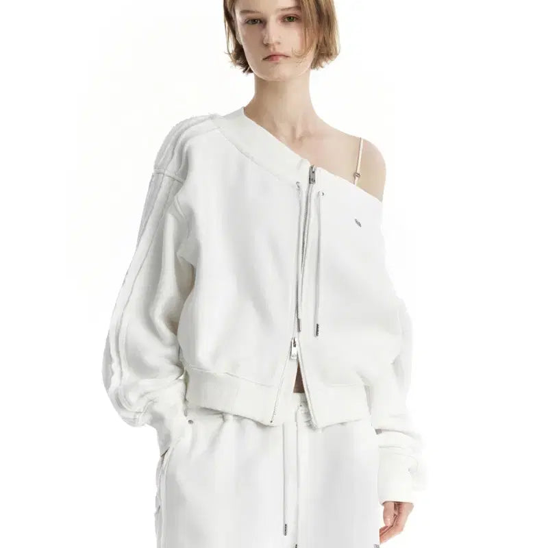[BUNJANG] Trimming Bird Off-Shoulder Sweat Zip-Up White / 트리밍버드 오프숄더 스웻 집업 화이트