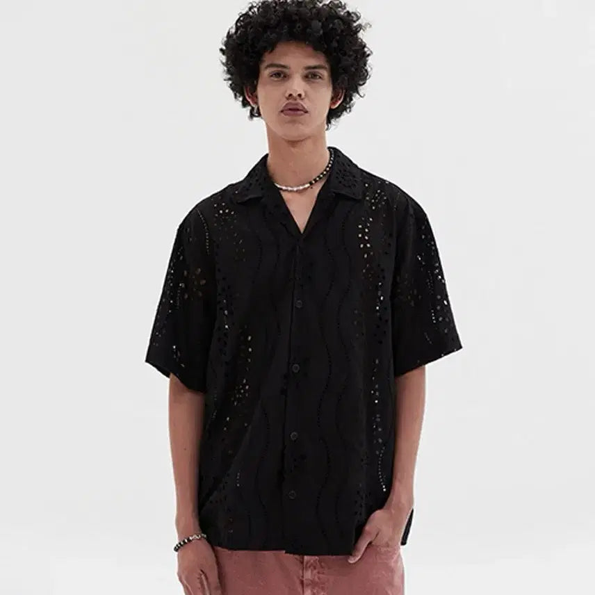 [BUNJANG] DNSR Open Collar Punching Half Shirt Black M / 디앤에스알 DNSR 오픈카라 펀칭 하프 셔츠 블랙 M