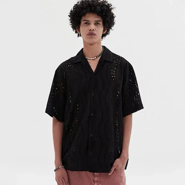 [BUNJANG] DNSR Open Collar Punching Half Shirt Black M / 디앤에스알 DNSR 오픈카라 펀칭 하프 셔츠 블랙 M