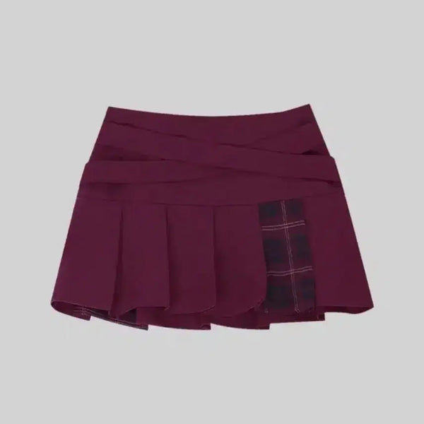 [BUNJANG] Darling Your Bad Belted Check Mini Skirt Burgundy M / (M) 달링유어배드 벨티드 체크 미니 스커트 버건디