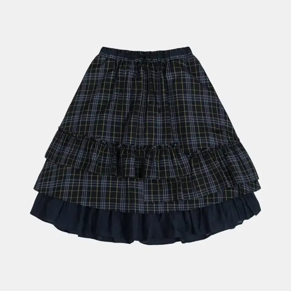 [BUNJANG] OHEO Check Frill Midi Skirt Navy / 오헤시오 체크 프릴 미디 스커트 네이비