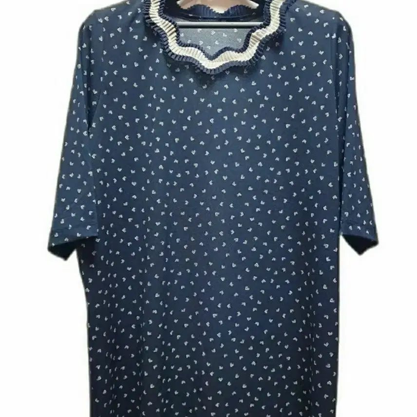 [BUNJANG] Pleated Neck Pattern Blouse - Navy / 새상품/플리츠넥 패턴블라우스