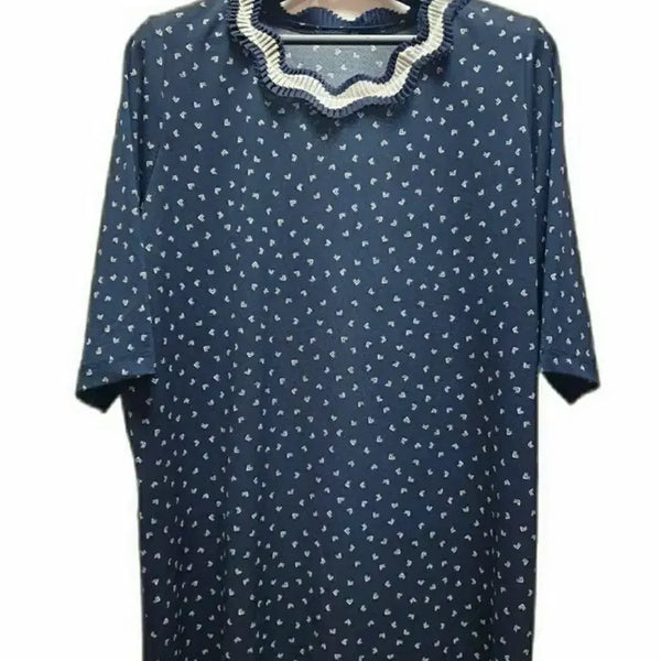 [BUNJANG] Pleated Neck Pattern Blouse - Navy / 새상품/플리츠넥 패턴블라우스