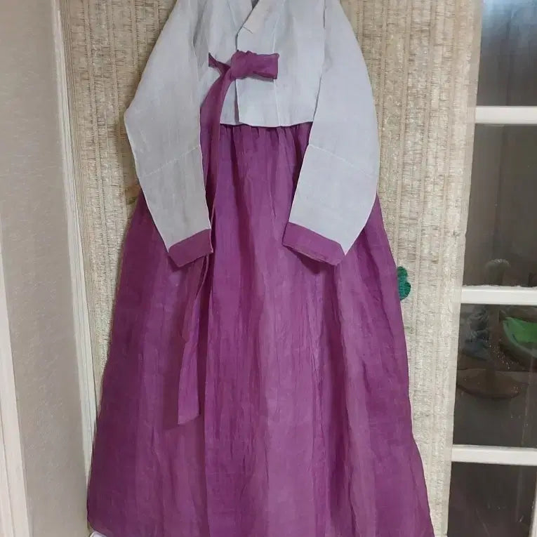 [BUNJANG] Linen Hemp Women's Hanbok Set - Purple/White / 마 삼베 여성한복 천연염색 세트 보라색/흰색