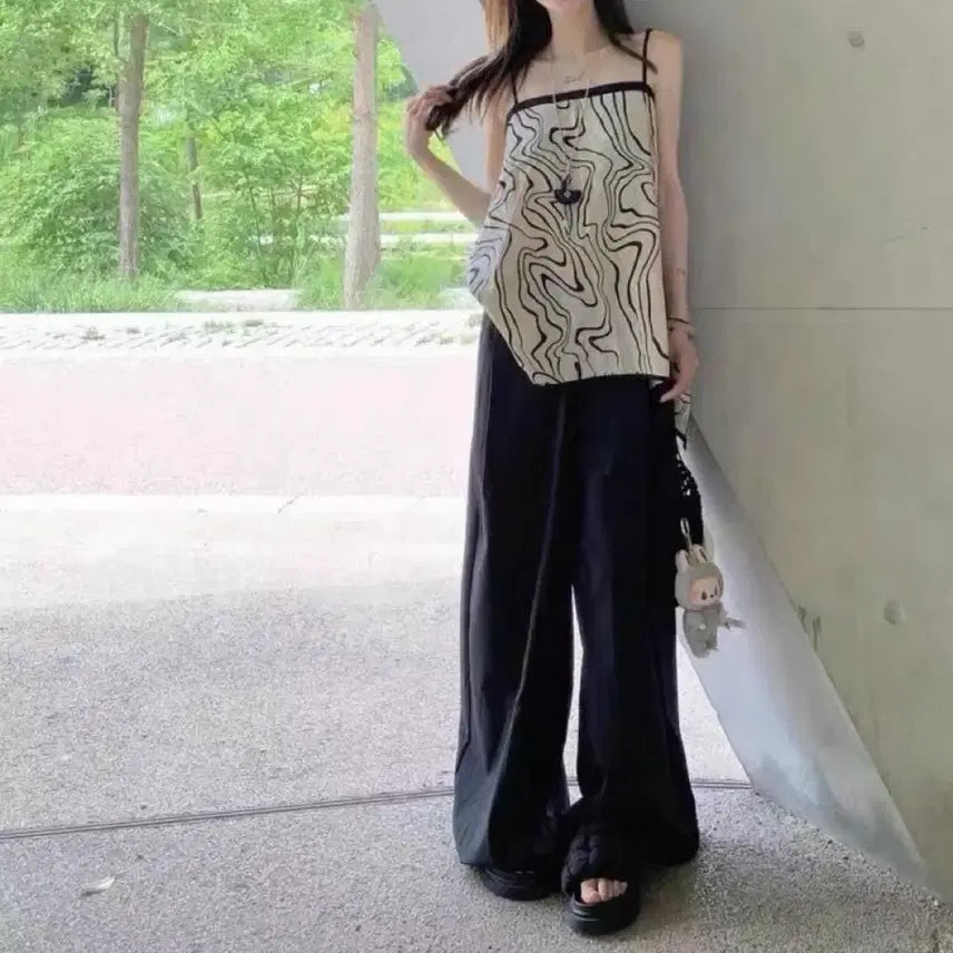 [BUNJANG] Wave Pattern Sleeveless Tank Top - Free Size / 1회착용)슬리브리스나시.프리사이즈.끈나시.민소매.탑.휴가룩.바캉스룩.나시