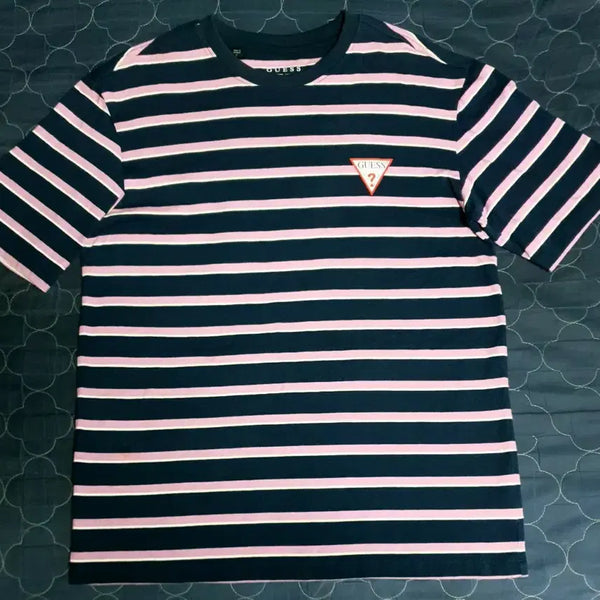 [BUNJANG] Guess Classic Stripe Logo Short Sleeve T-Shirt Navy Purple (S) / 게스 클래식 삼각로고 스트라이프 반팔티 네이비 퍼플 (S)