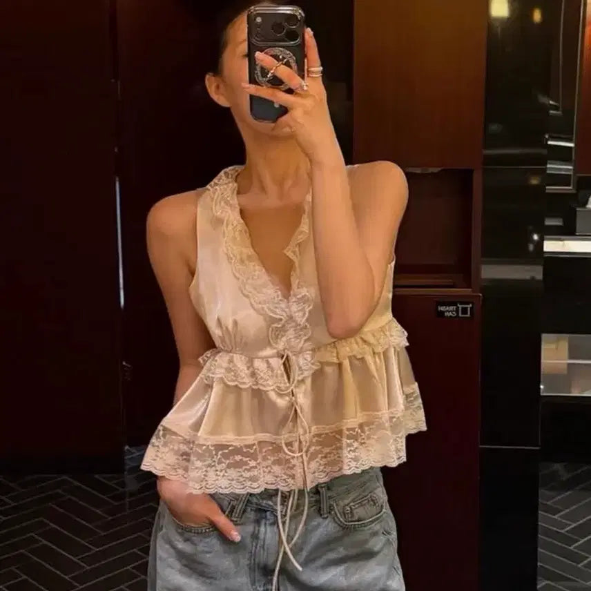 [BUNJANG] Limine Lace Satin Blouse / 새상품) 리미네 레이스 새틴 블라우스