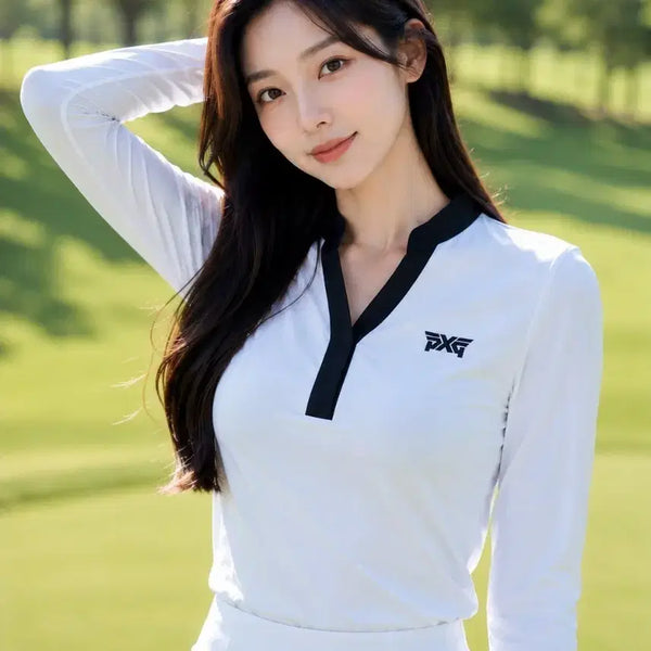 [BUNJANG] PXG Women's Long Sleeve Golf T-Shirt White/Black V-Neck Size S / [정품]PXG 여성용 기능성 긴팔 골프 티셔츠S